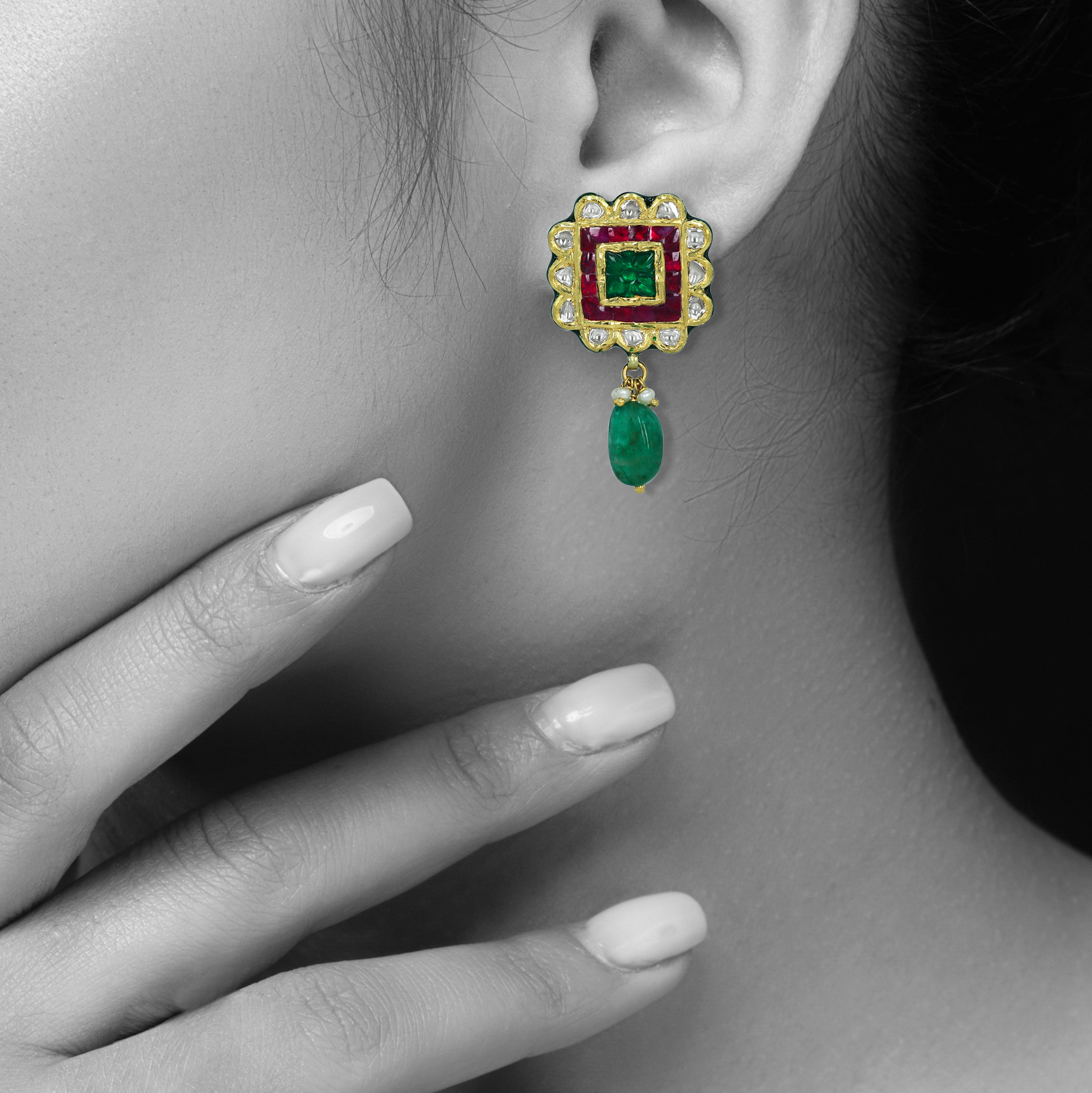 Square Emerald Earrings with Ruby talafs and Emerald Drops